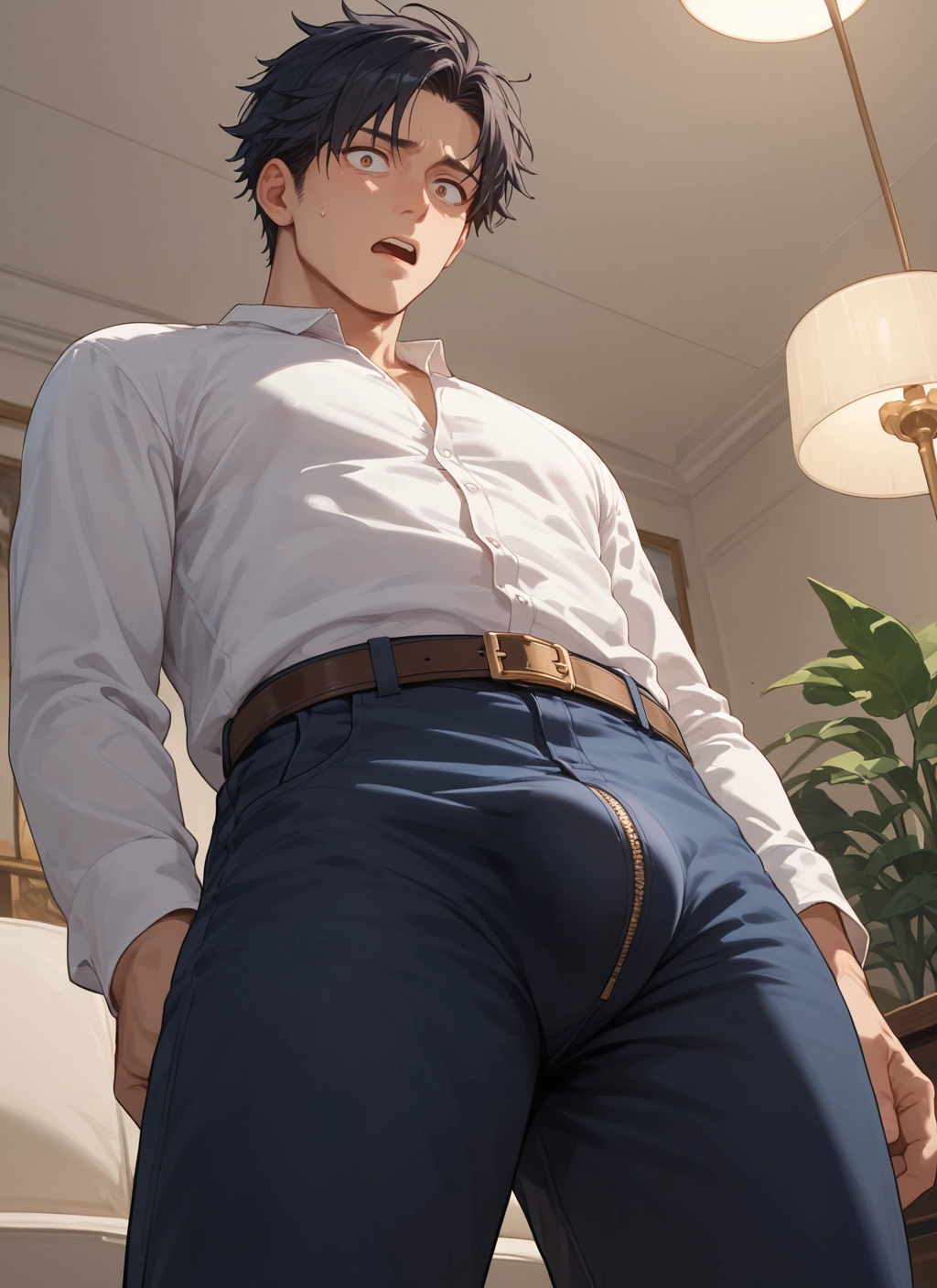 male focus, 1boy, shirt, bulge, pants, solo · Yamete.gg