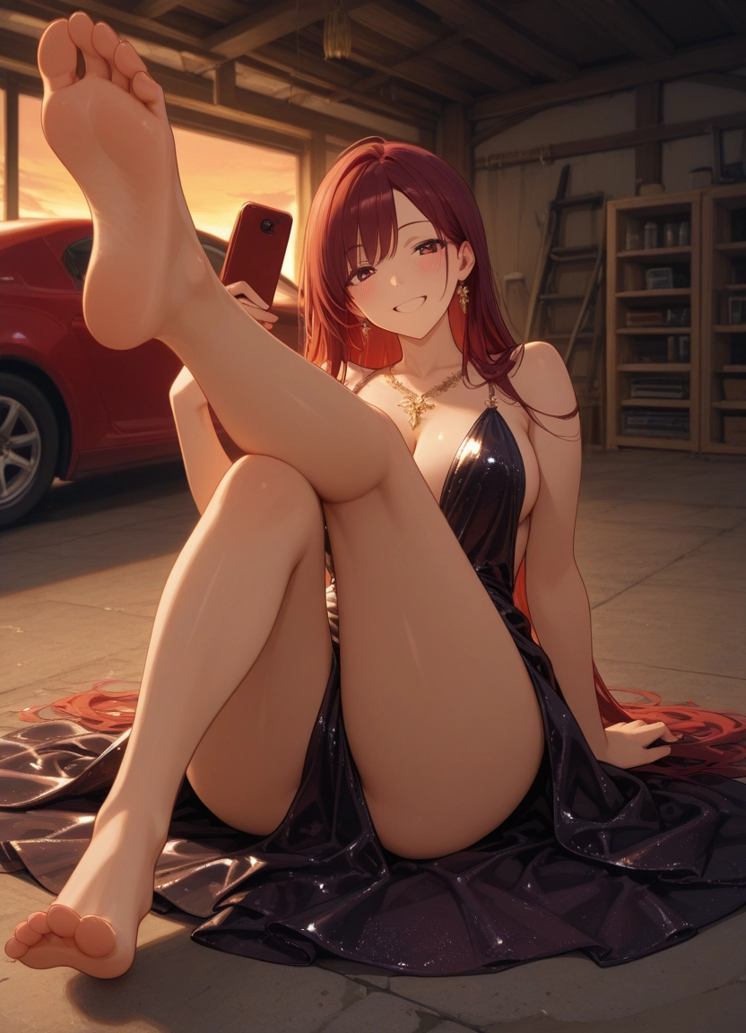 1girl, breasts, feet, dress, jewelry, long hair