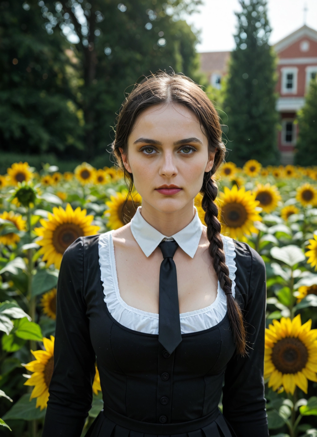 1girl, flower, solo, sunflower, braid, necktie · Yamete.gg