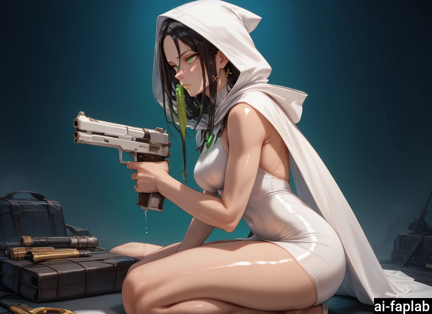 1girl, weapon, green eyes, breasts, gun, hood · Yamete.gg