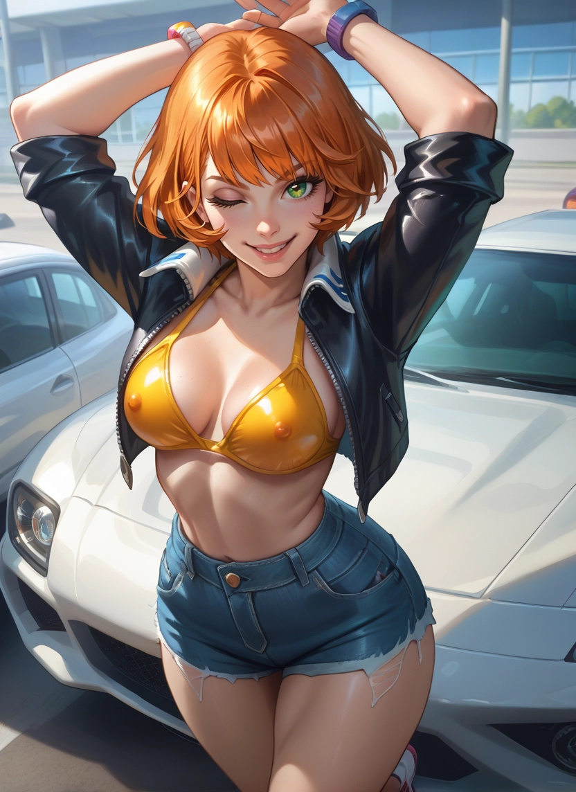 1girl, breasts, shorts, green eyes, one eye closed, swimsuit · Yamete.gg