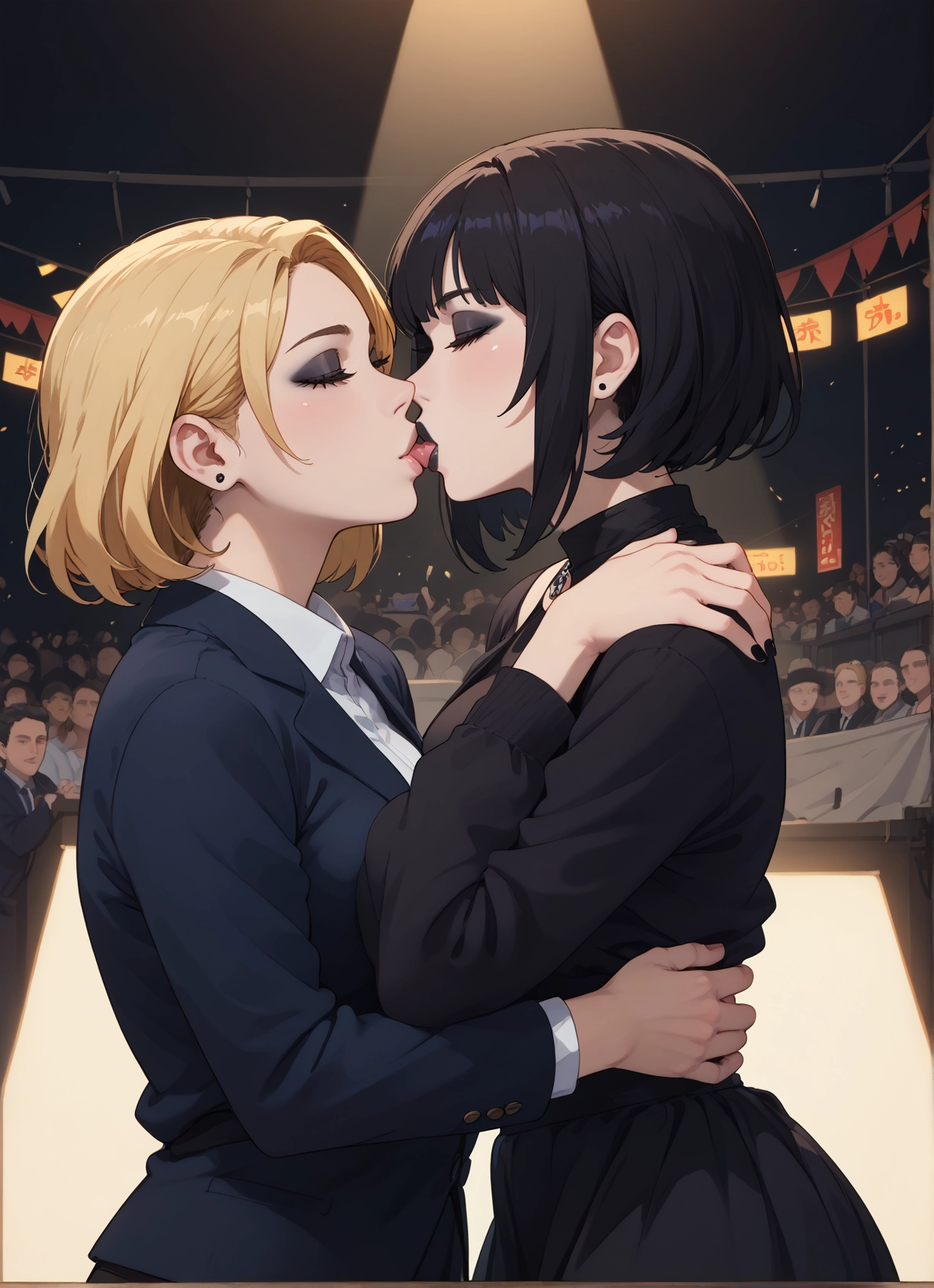 multiple girls, blonde hair, kiss, closed eyes, 2girls, yuri · Yamete.gg