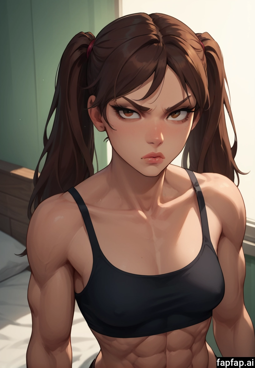 1girl, brown hair, muscular female, solo, muscular, twintails