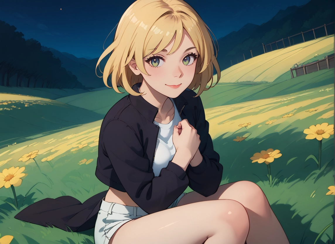 1girl, solo, flower, shorts, blonde hair, sitting · Yamete.gg