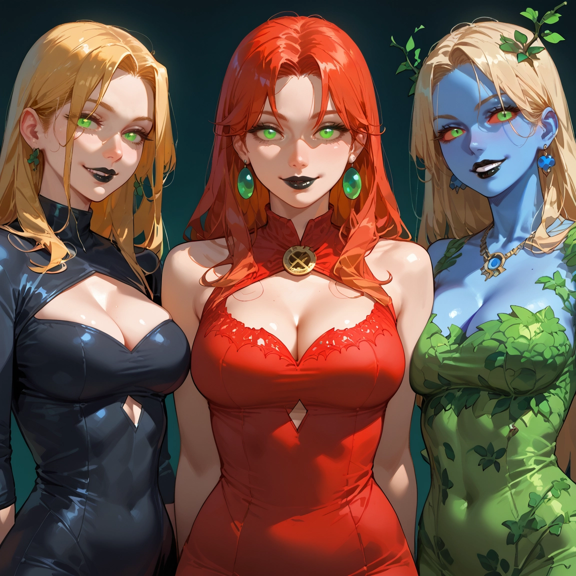 breasts, jewelry, green eyes, cleavage, earrings, 3girls · Yamete.gg