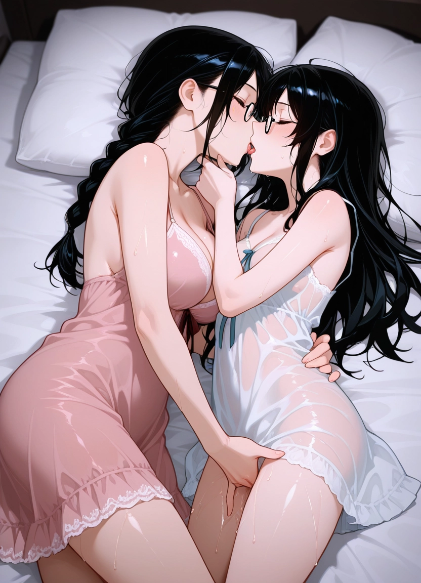 multiple girls, 2girls, breasts, yuri, glasses, kiss · Yamete.gg