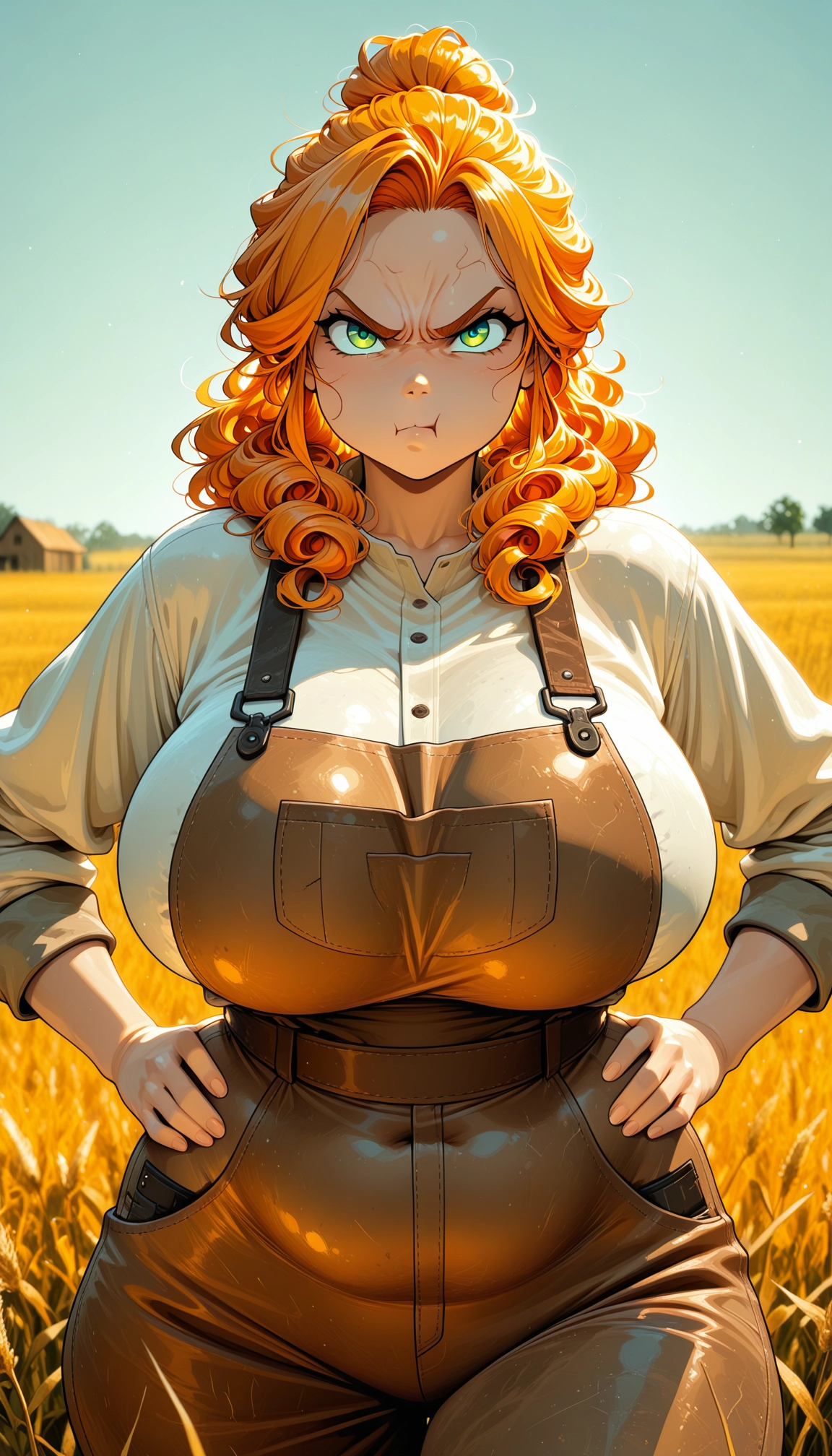 1girl, breasts, anger vein, curly hair, orange hair, green eyes · Yamete.gg