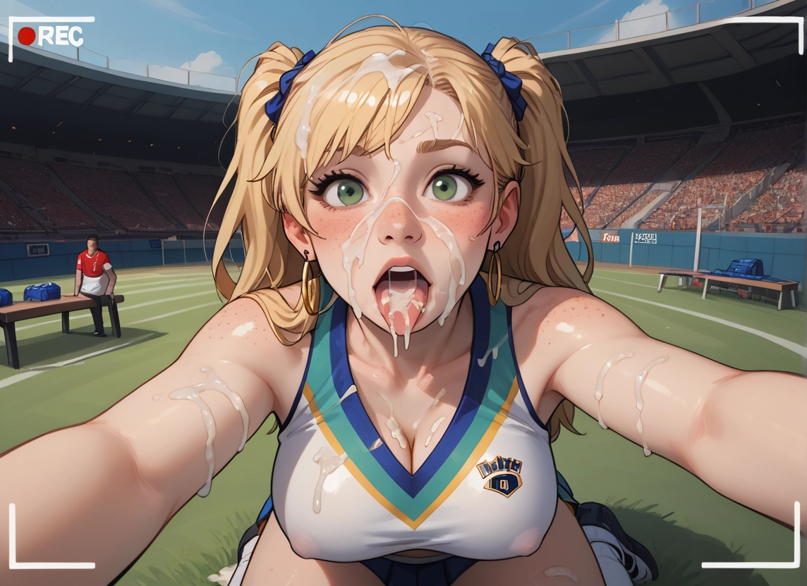breasts, cum, green eyes, jewelry, blonde hair, earrings · Yamete.gg