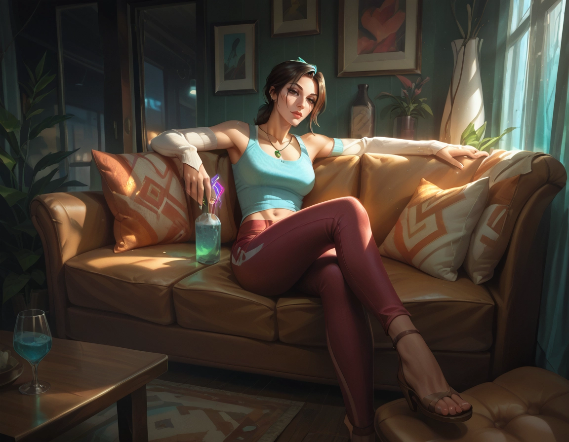 1girl, solo, couch, breasts, brown hair, navel · Yamete.gg