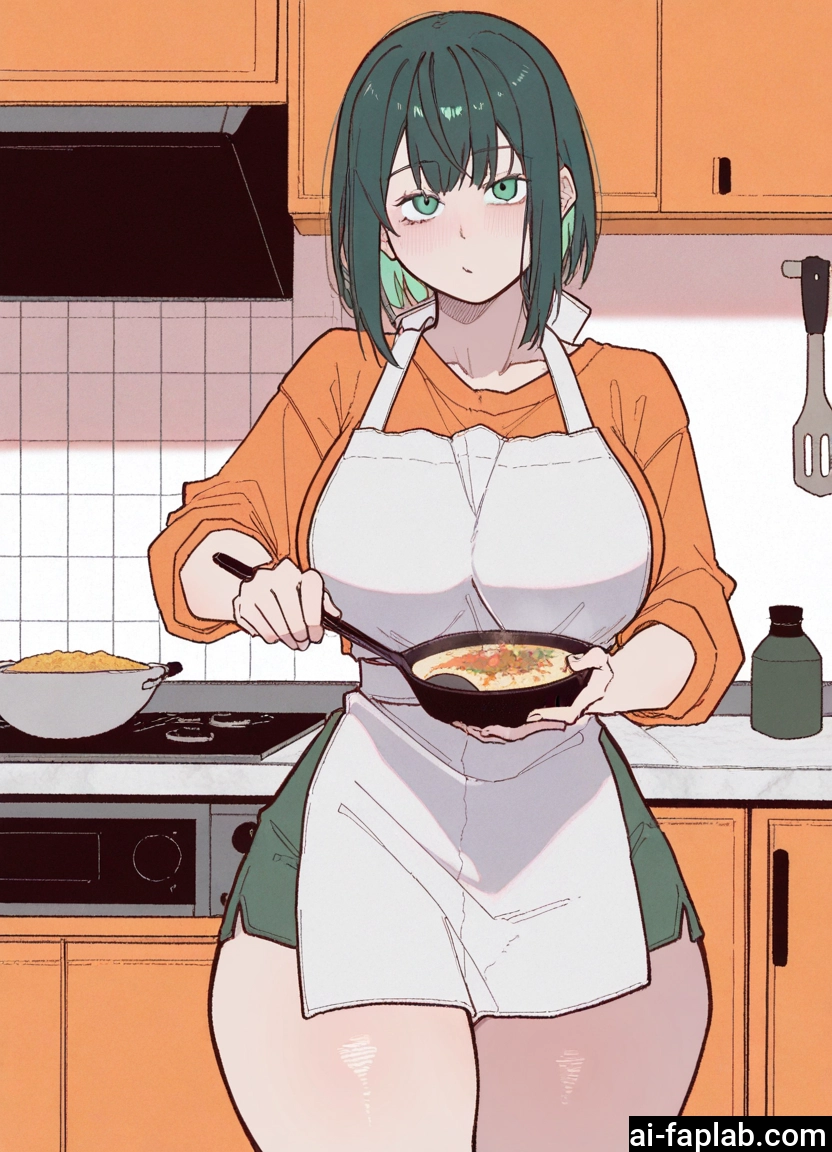 1girl, breasts, apron, solo, kitchen, green eyes