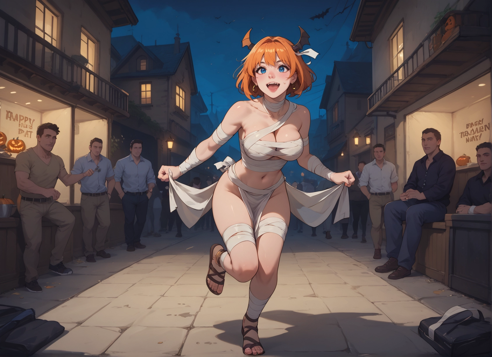 breasts, 1girl, multiple boys, blue eyes, open mouth, bandages · Yamete.gg