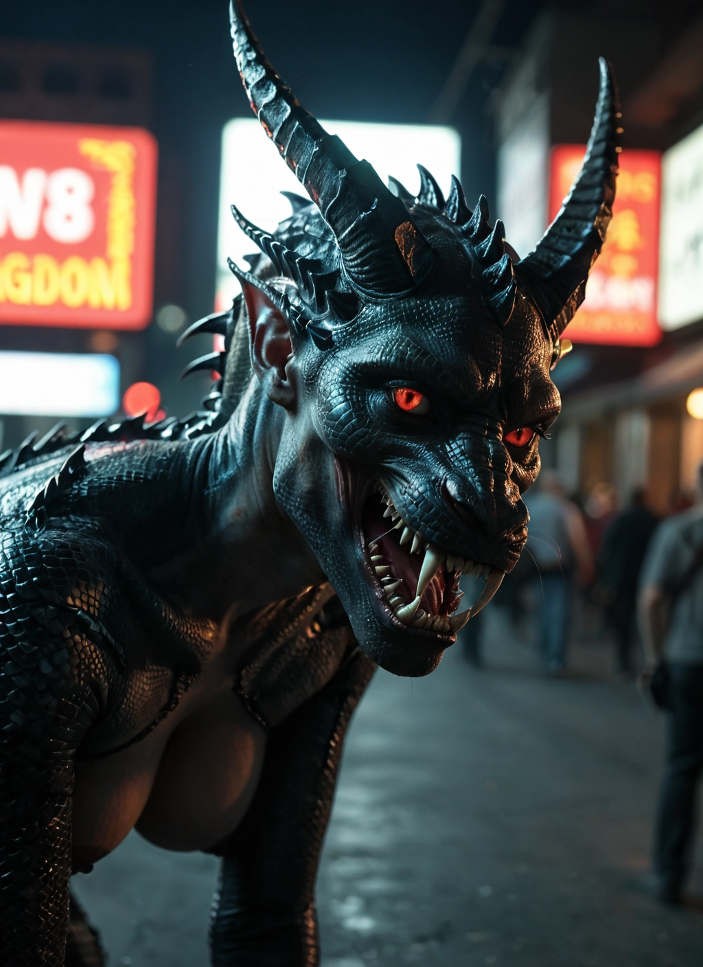 horns, teeth, breasts, red eyes, 1girl, sharp teeth · Yamete.gg