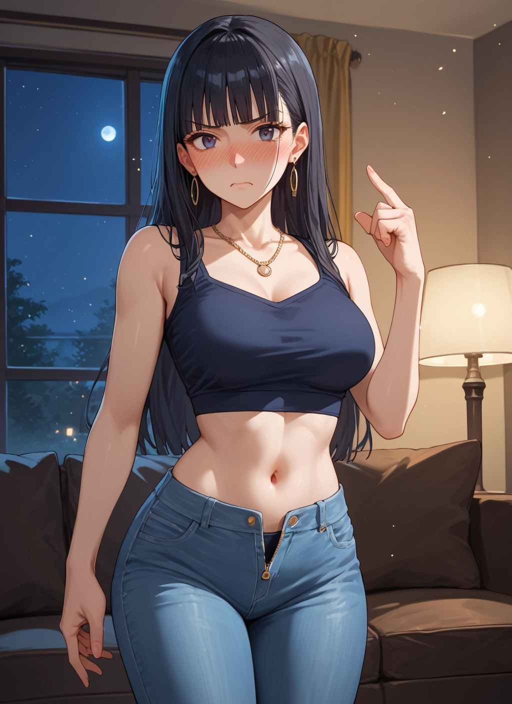 1girl, breasts, jewelry, long hair, navel, earrings · Yamete.gg