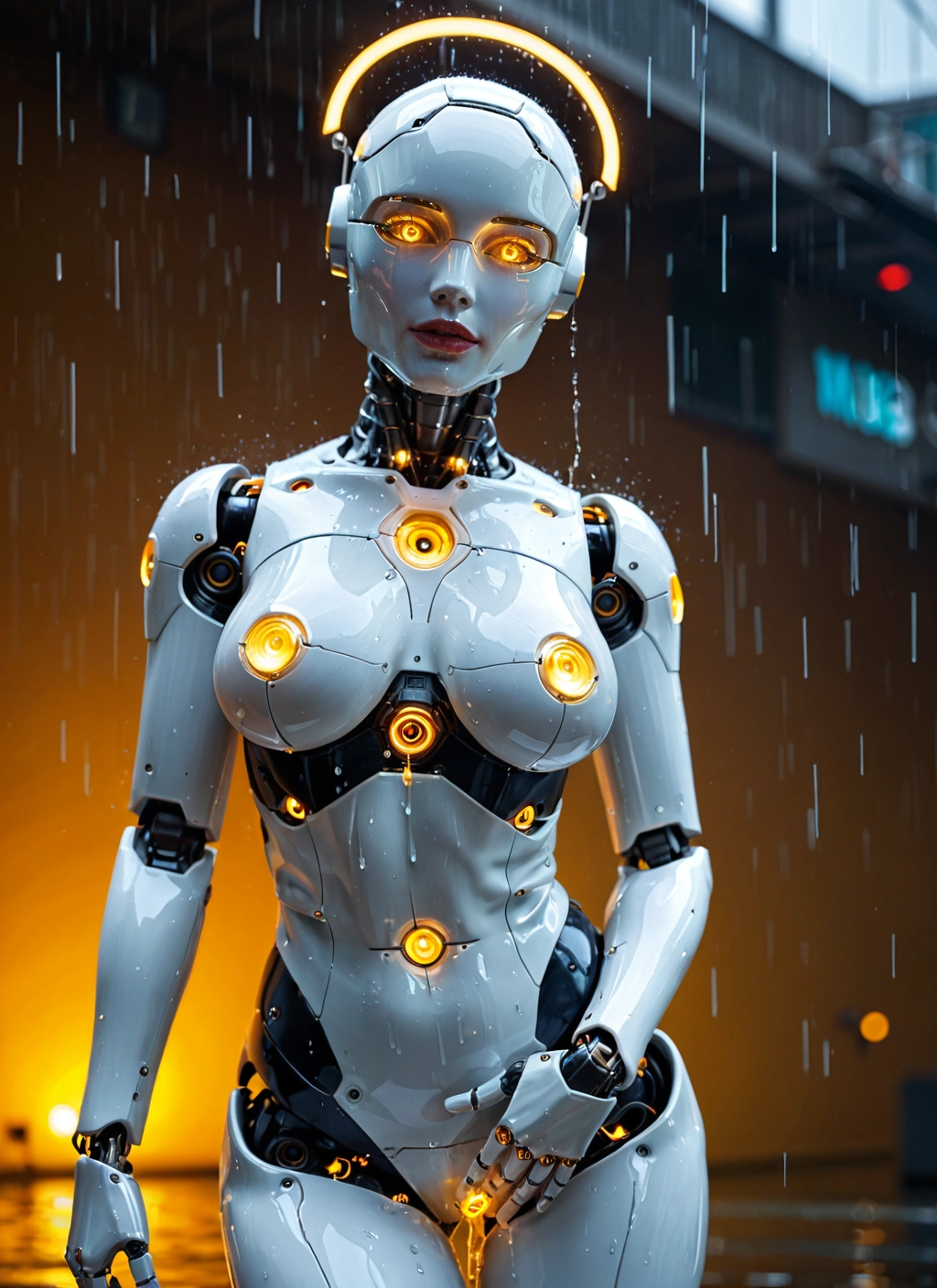 1girl, solo, rain, breasts, wet, robot joints · Yamete.gg