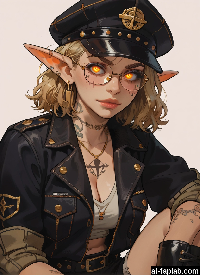 1girl, pointy ears, breasts, solo, hat, glasses · Yamete.gg
