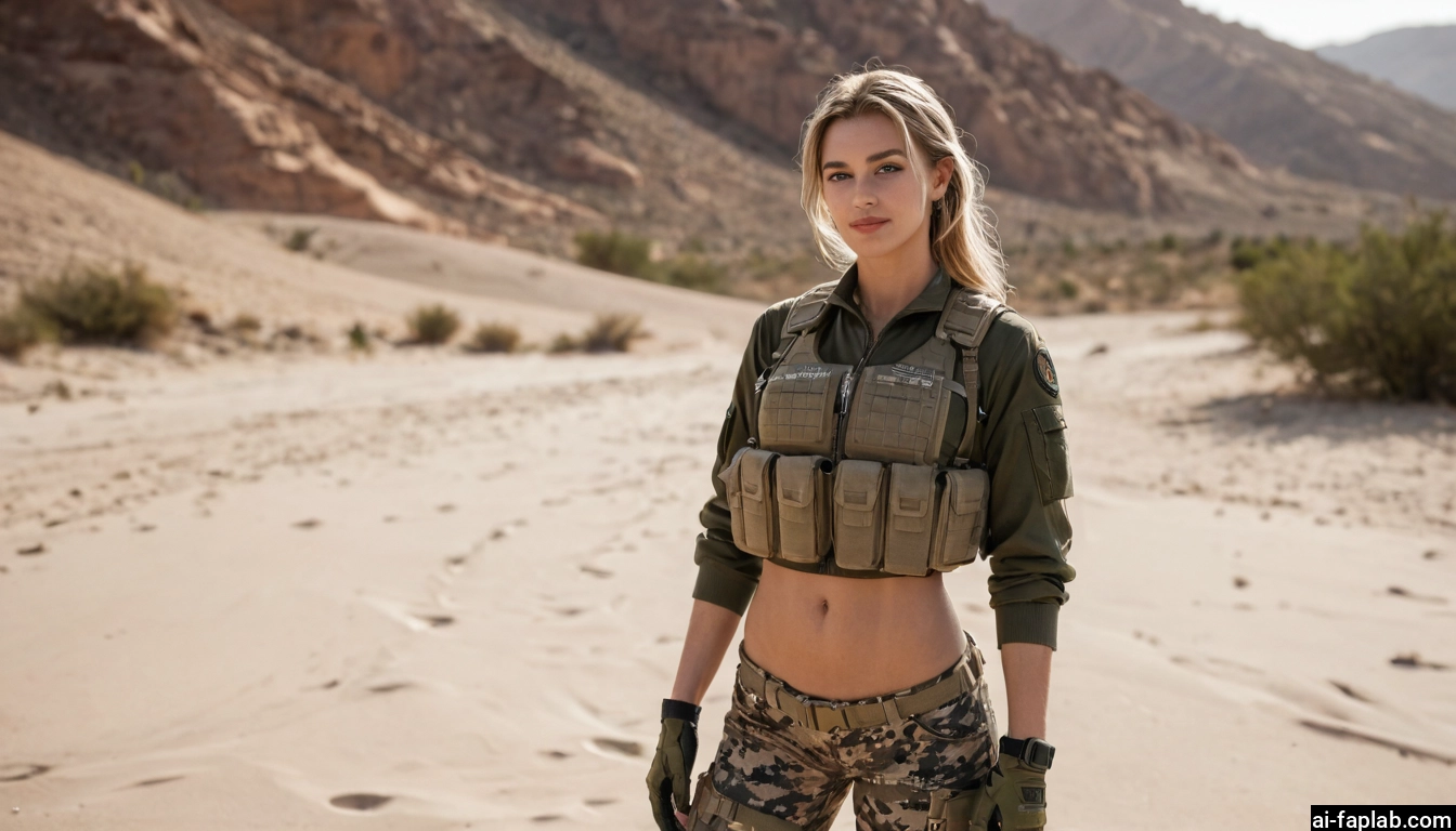 1girl, solo, gloves, navel, camouflage, midriff · Yamete.gg