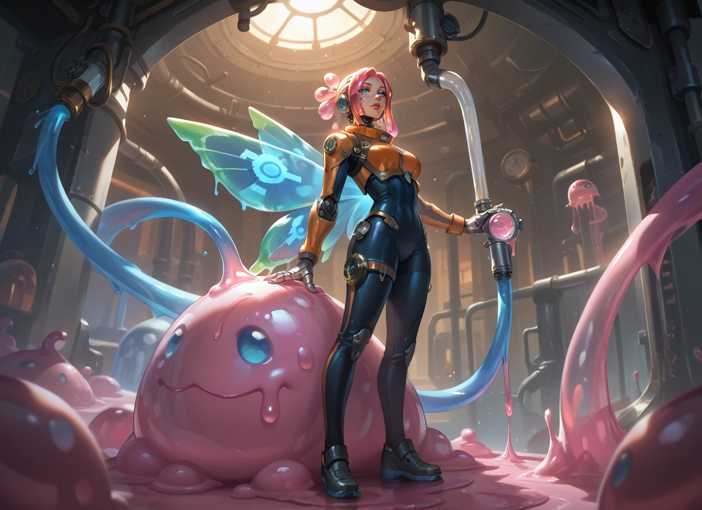 1girl, wings, blue eyes, pink hair, holding, bodysuit · Yamete.gg