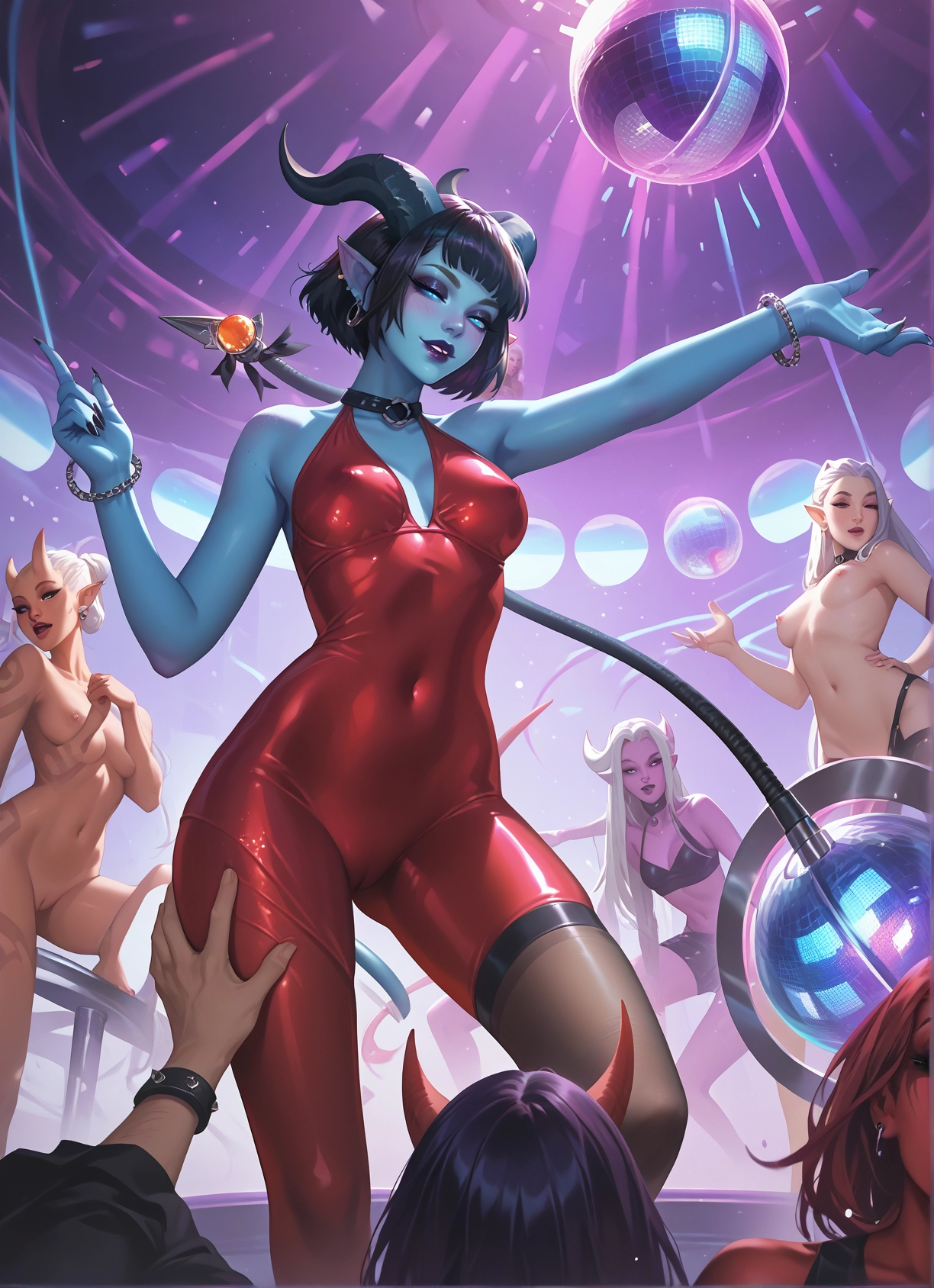 multiple girls, breasts, horns, colored skin, nipples, nude · Yamete.gg