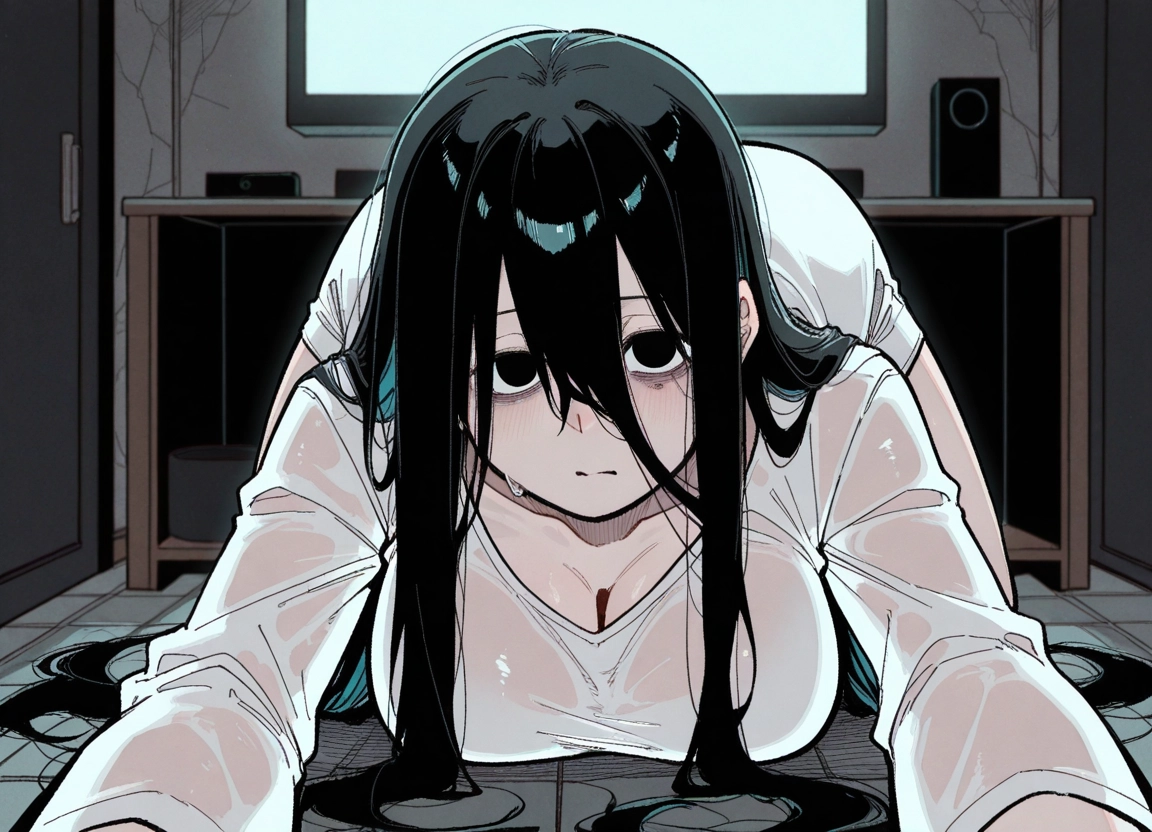 1girl, breasts, long hair, black hair, solo, shirt · Yamete.gg