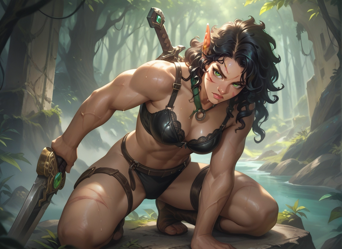 1girl, weapon, sword, green eyes, underwear, solo · Yamete.gg