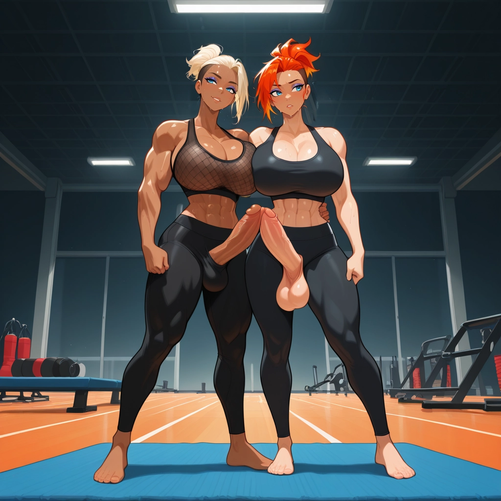 futanari, gym, multiple girls, testicles, breasts, penis · Yamete.gg