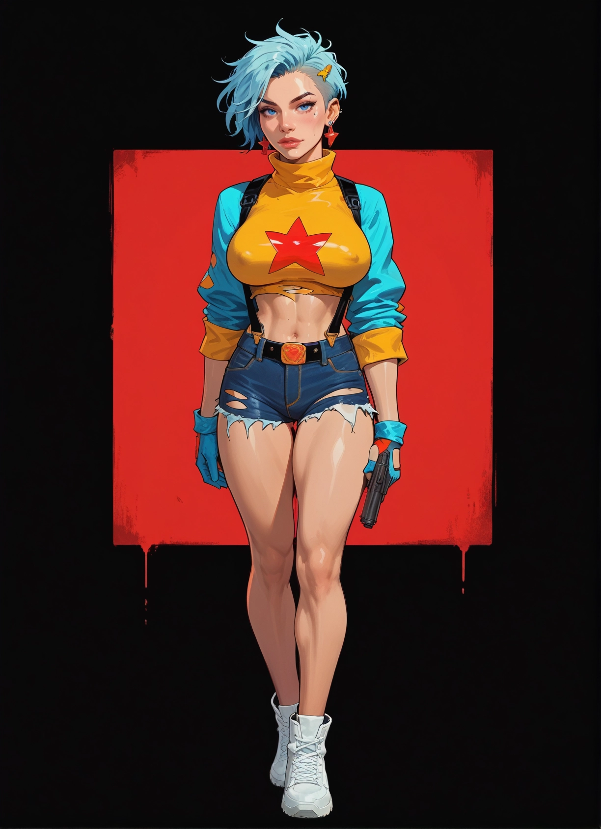 1girl, weapon, solo, gun, gloves, shorts · Yamete.gg