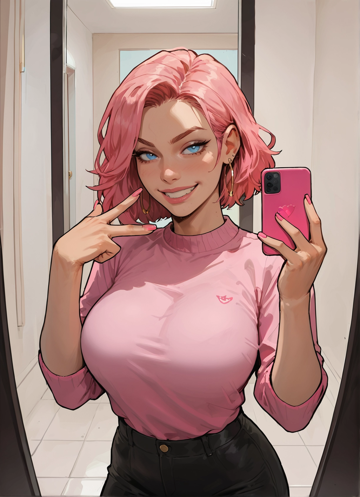 1girl, pink hair, phone, jewelry, earrings, blue eyes · Yamete.gg