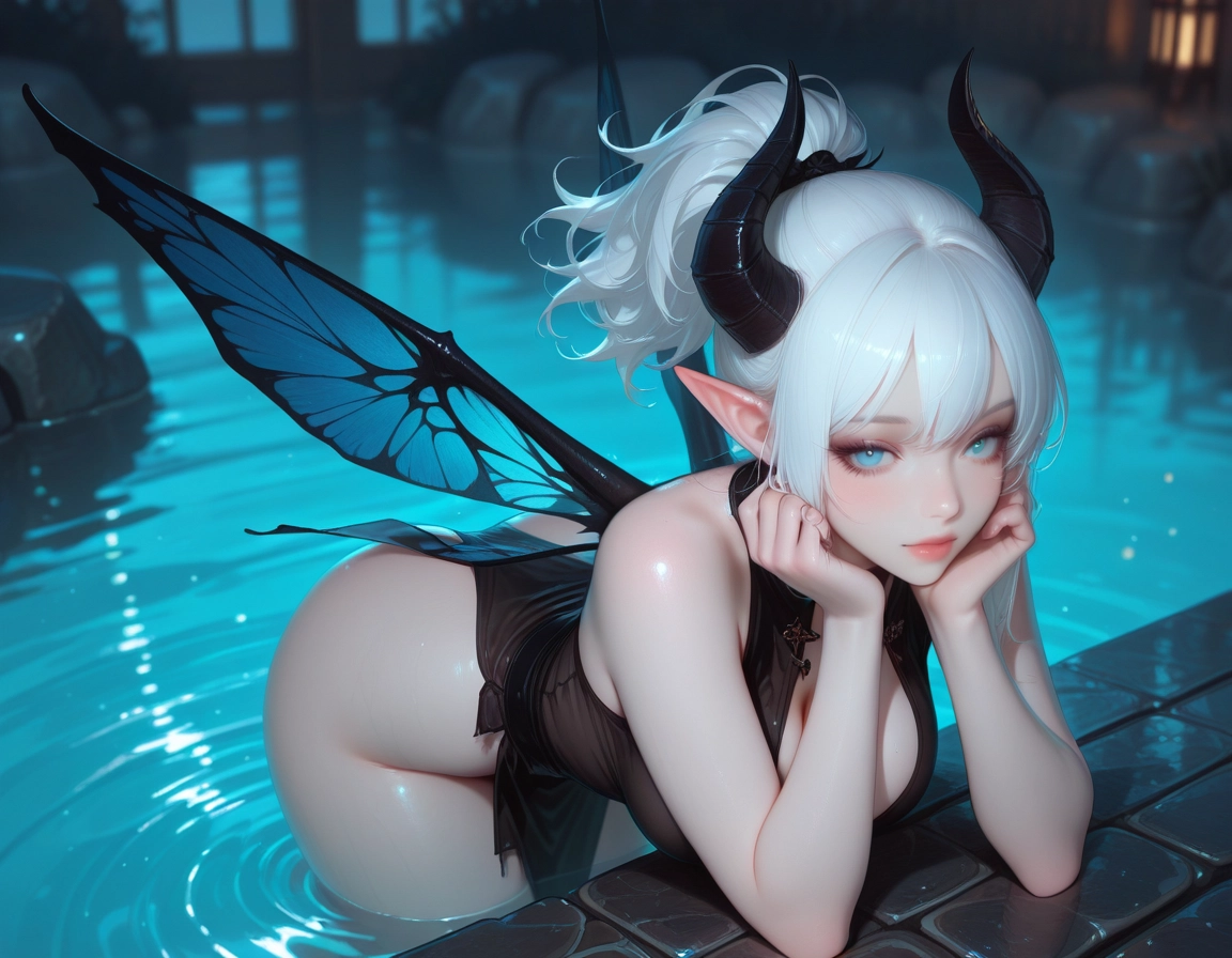 1girl, breasts, solo, wings, horns, blue eyes · Yamete.gg