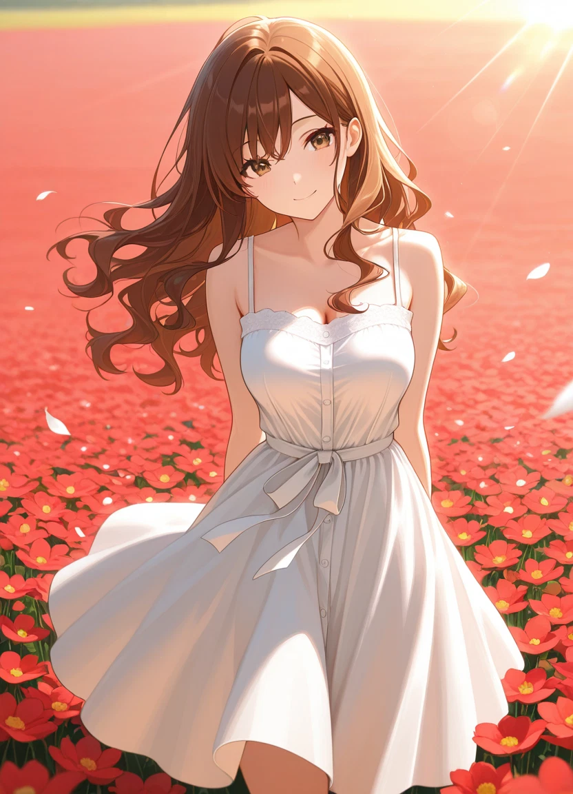 1girl, solo, dress, flower, field, flower field