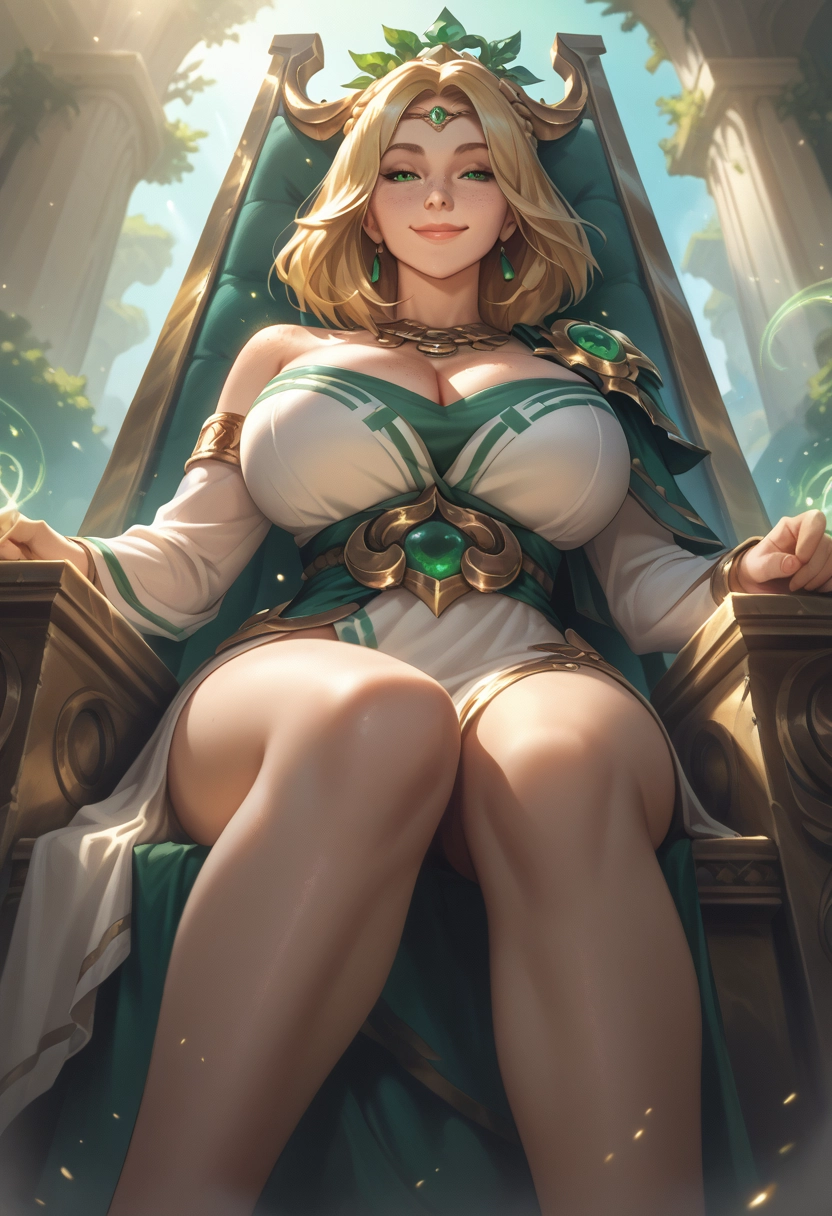 1girl, breasts, blonde hair, jewelry, green eyes, sitting · Yamete.gg