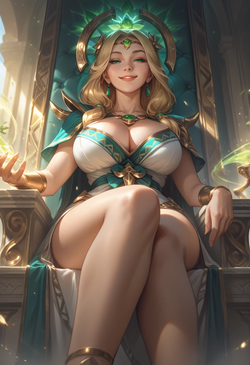 1girl, breasts, jewelry, sitting, large breasts, freckles · Yamete.gg