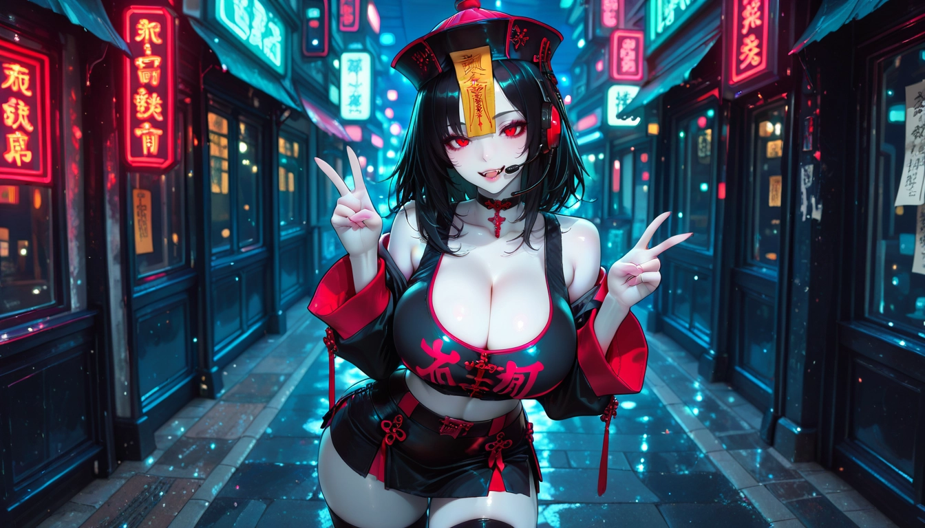 1girl, breasts, skirt, ofuda, jiangshi, red eyes · Yamete.gg
