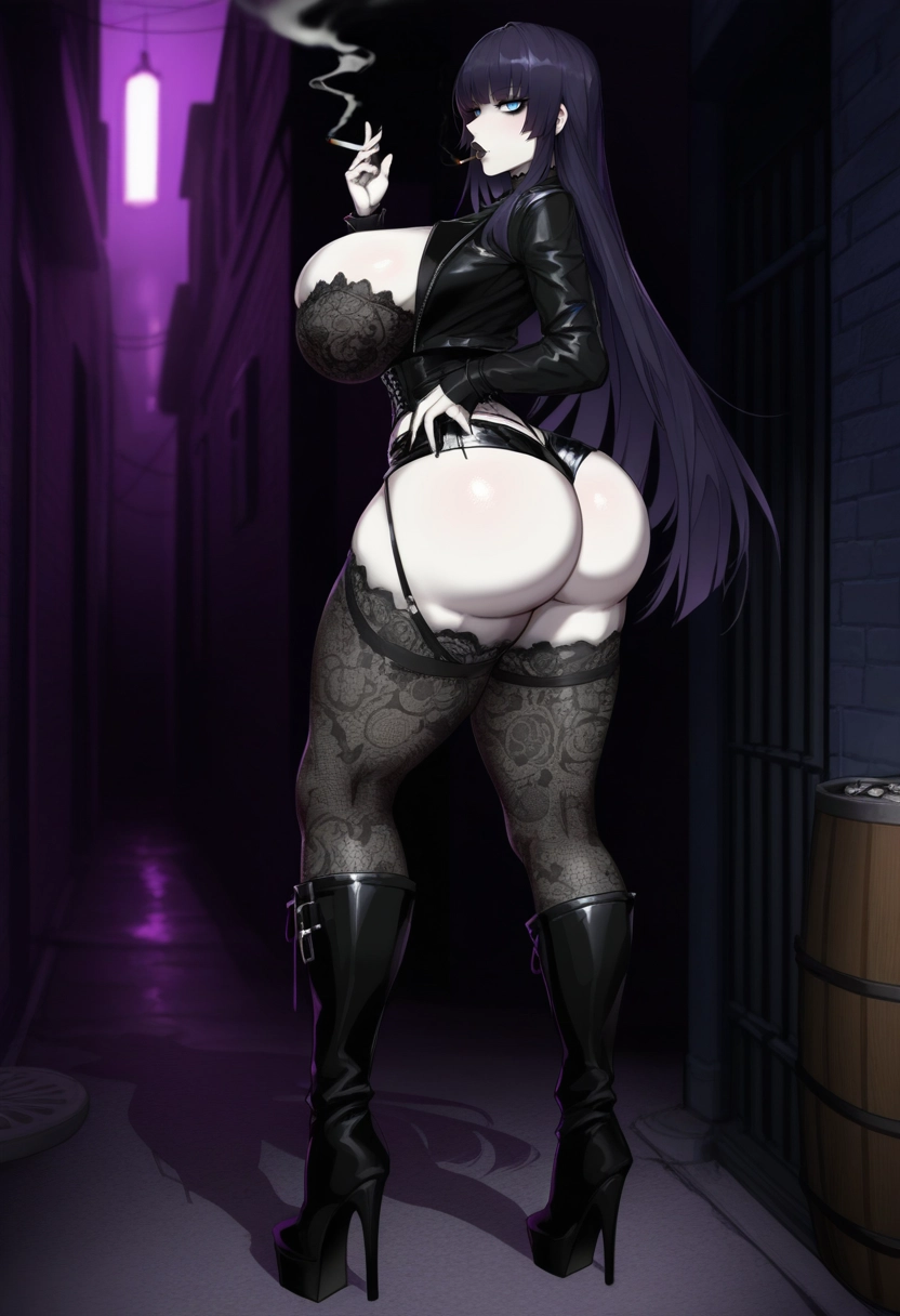 1girl, cigarette, ass, boots, breasts, smoking