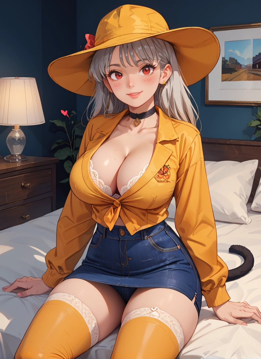 1girl, breasts, thighhighs, hat, skirt, choker