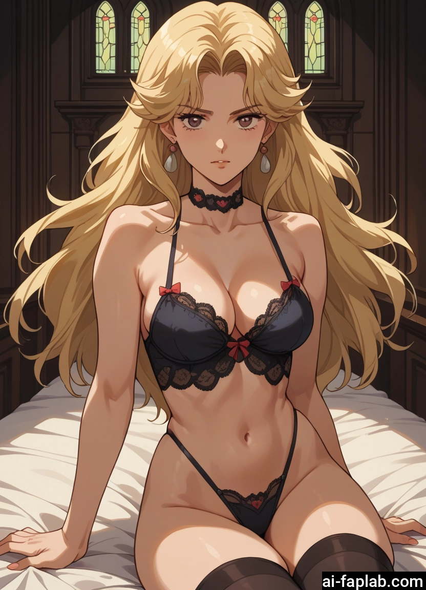 1girl, breasts, underwear, blonde hair, long hair, thighhighs
