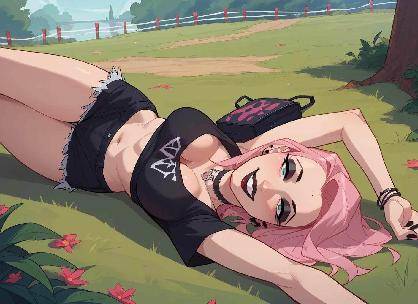 1girl, breasts, pink hair, shorts, lying, mole · Yamete.gg
