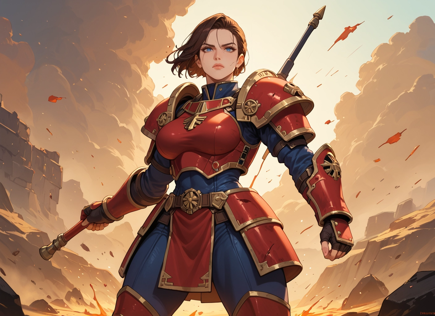 1girl, blue eyes, armor, gloves, solo, weapon · Yamete.gg