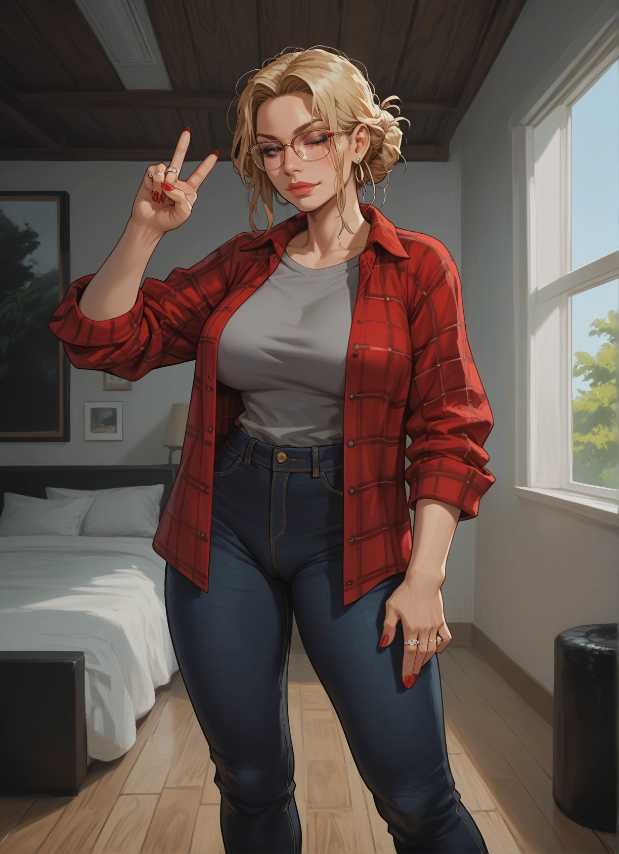 1girl, jewelry, blonde hair, pants, ring, glasses · Yamete.gg