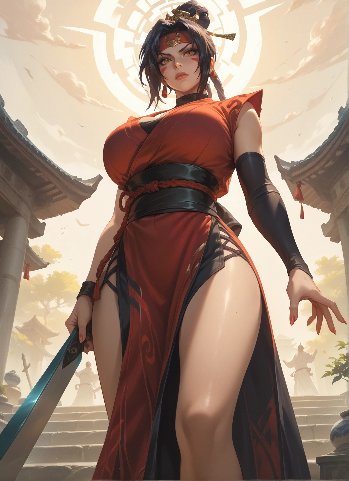 breasts, large breasts, weapon, holding, 1girl, looking at viewer · Yamete.gg