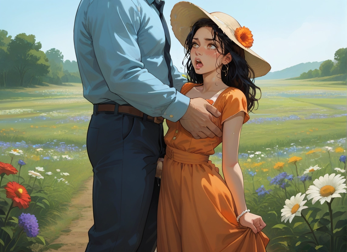 1girl, outdoors, flower, dress, 1boy, hat · Yamete.gg
