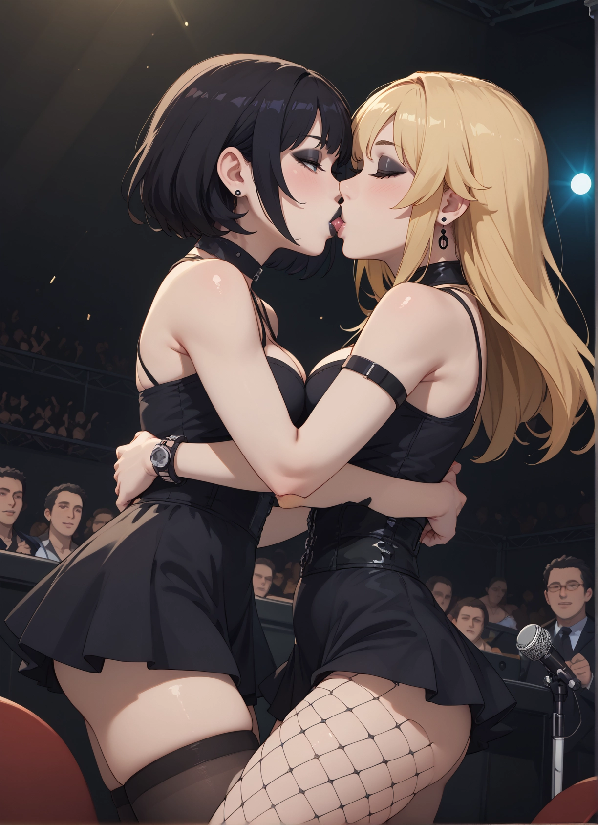 multiple girls, 2girls, blonde hair, kiss, breasts, jewelry · Yamete.gg