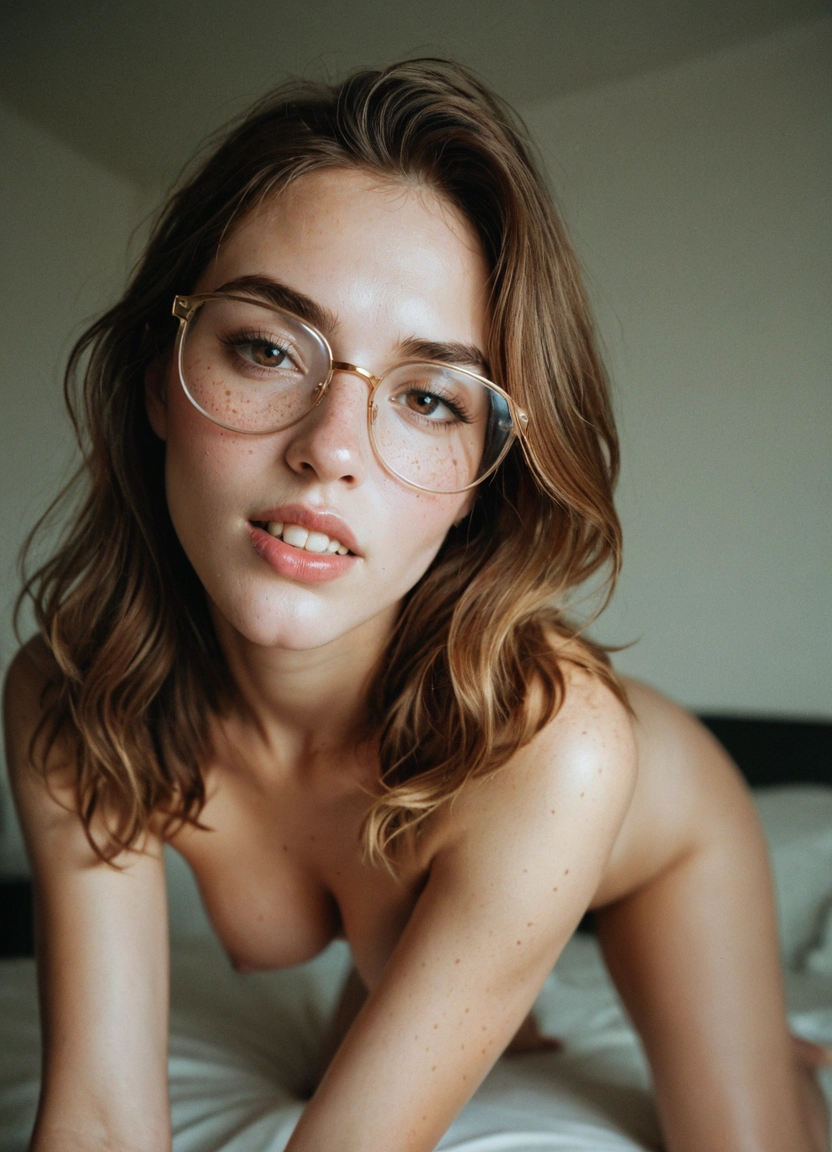 1girl, realistic, solo, breasts, nipples, glasses