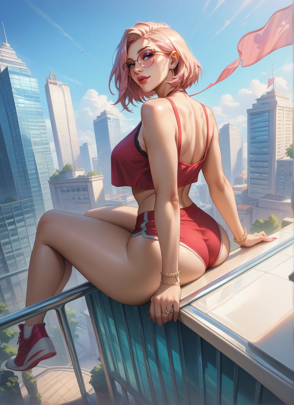 1girl, ass, jewelry, shorts, sitting, shoes · Yamete.gg