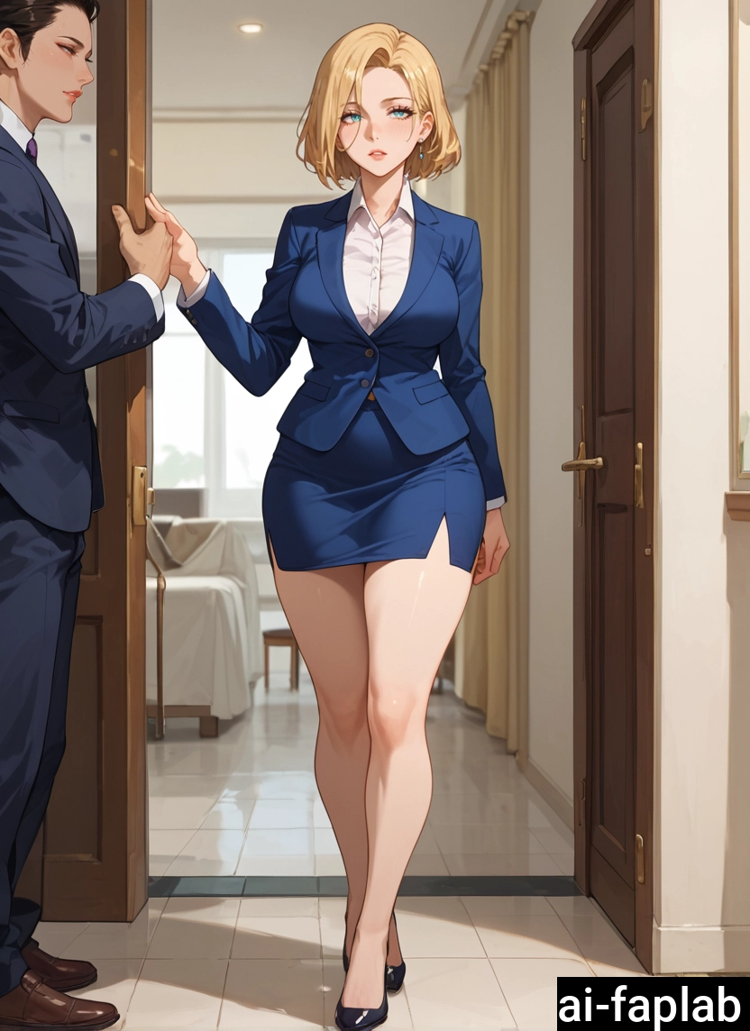 1girl, 1boy, blonde hair, skirt, jewelry, earrings · Yamete.gg