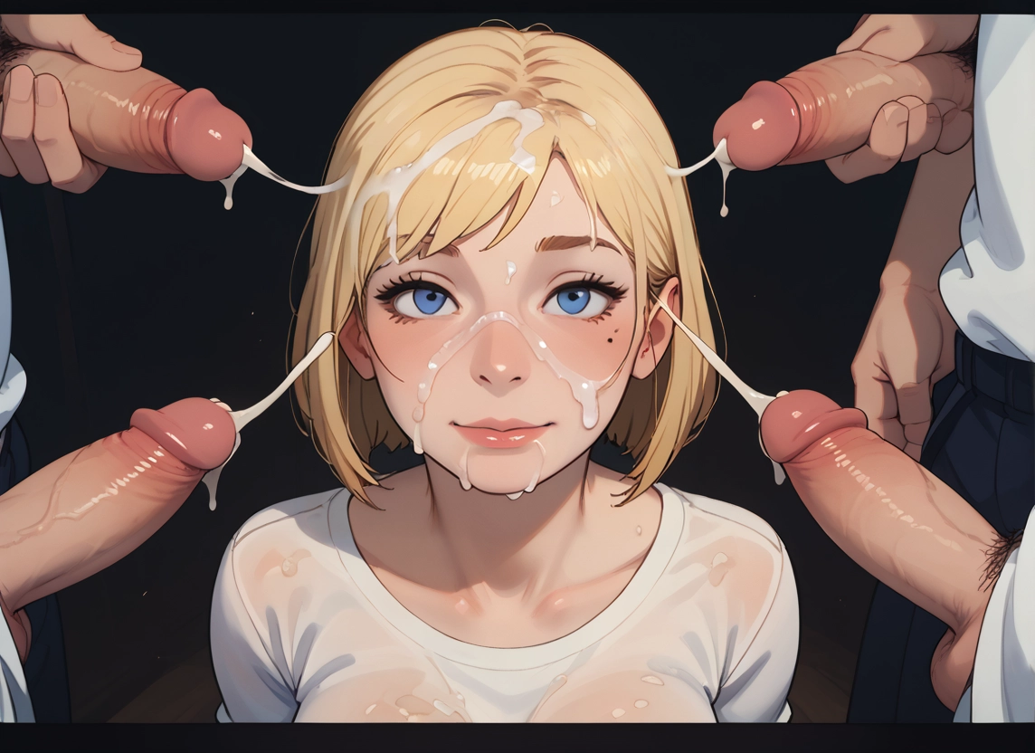 1girl, penis, blonde hair, cum, shirt, multiple boys