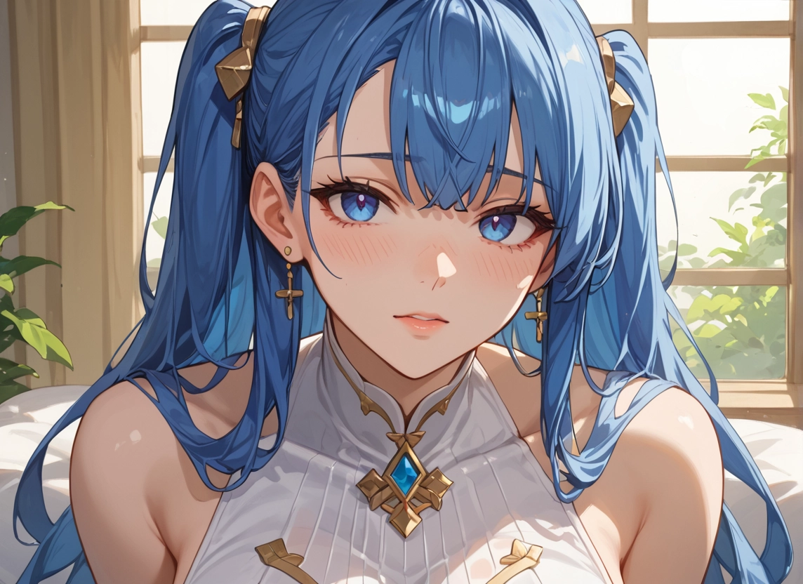 1girl, blue eyes, solo, jewelry, earrings, blue hair · Yamete.gg