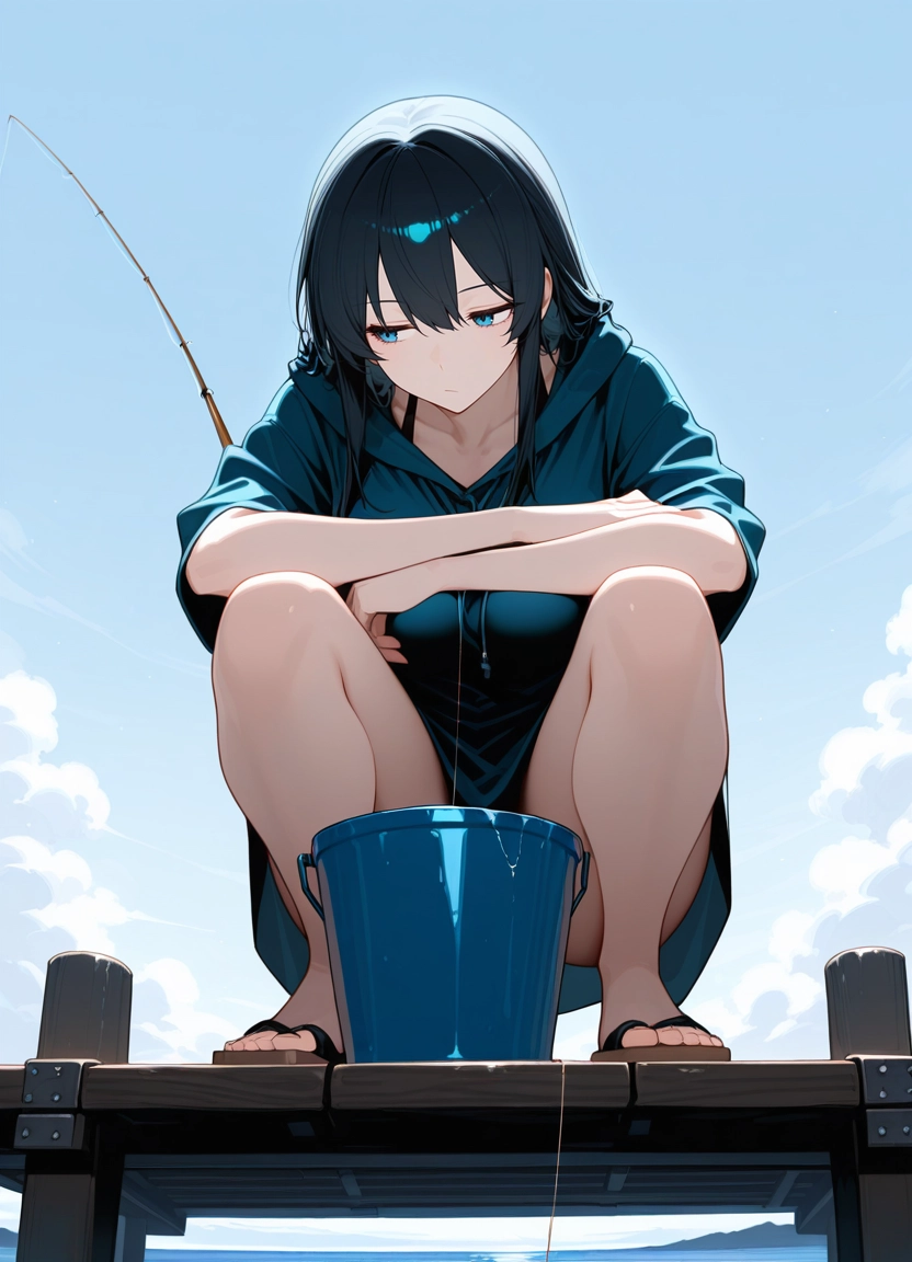 1girl, blue eyes, solo, black hair, sandals, hood · Yamete.gg