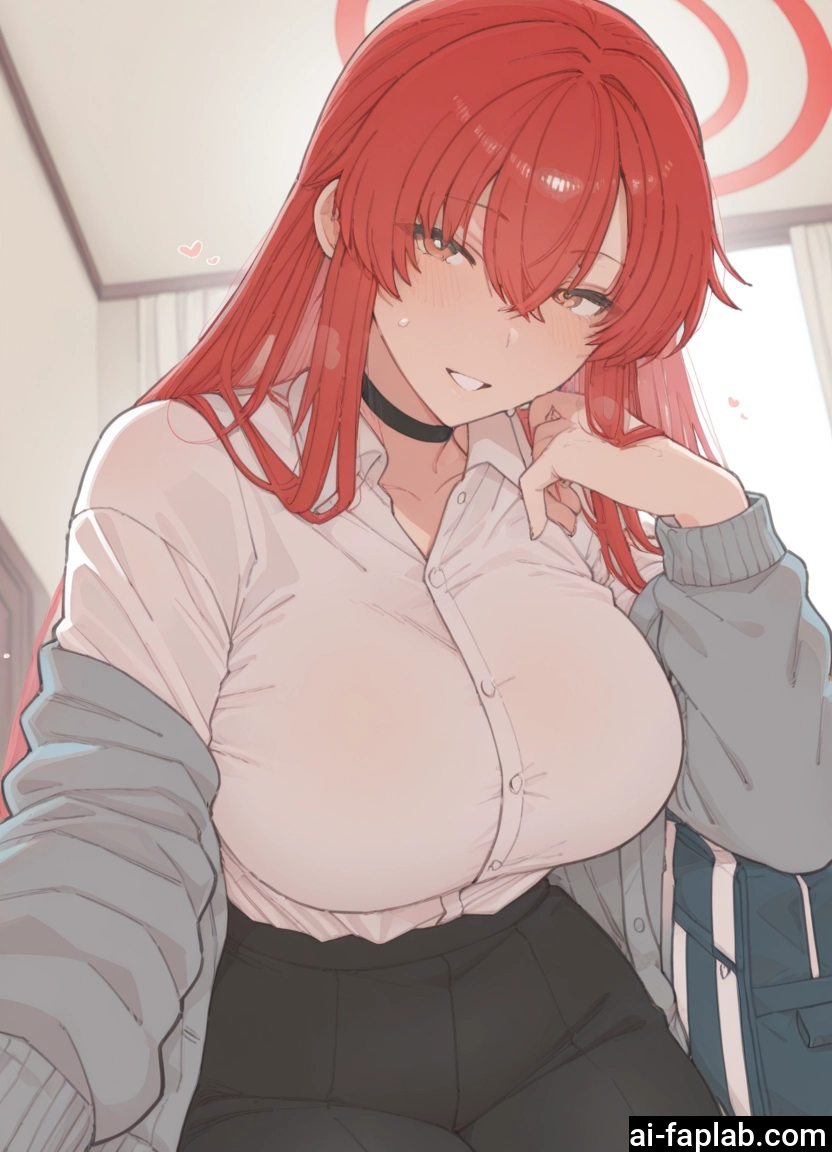 1girl, breasts, halo, shirt, red hair, long hair