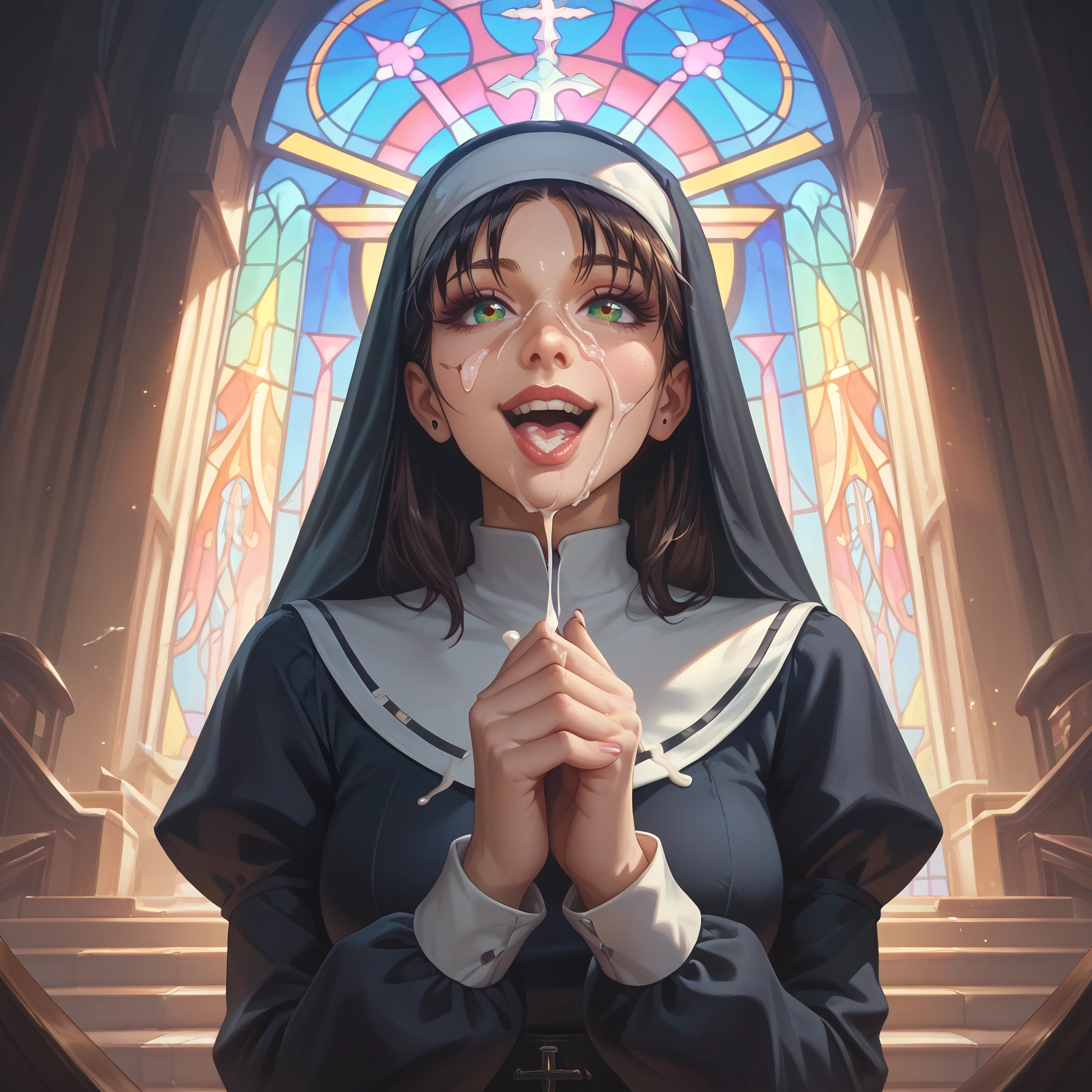 1girl, nun, cum, solo, facial, brown hair · Yamete.gg