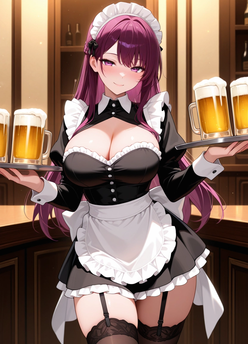 1girl, breasts, solo, cleavage, thighhighs, apron · Yamete.gg